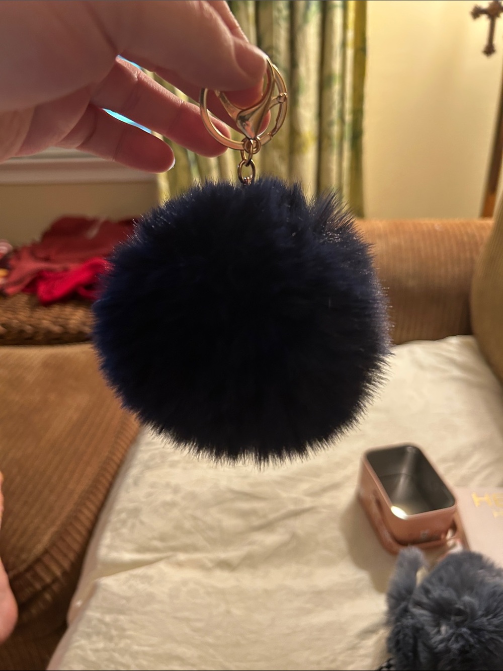 Navy Faux Fur Pom Pom Keychain with Gold Hardware